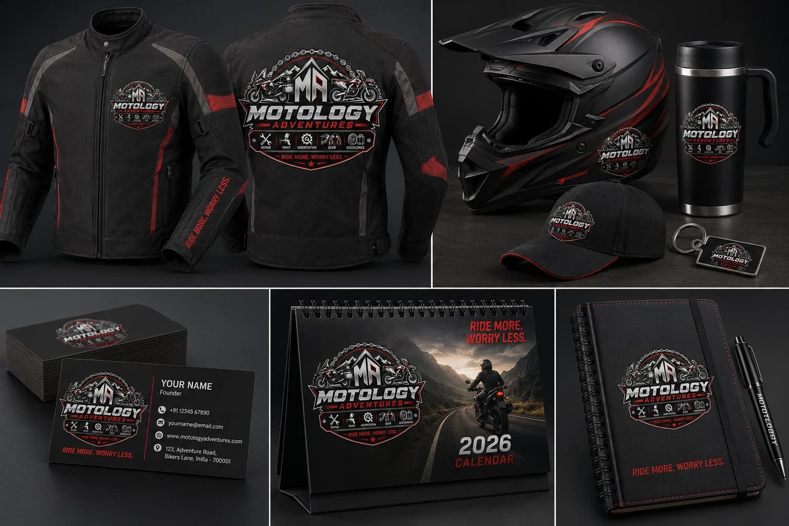 Motology Adventures future collection featuring a riding jacket, helmet, cap, travel mug, keychain, calendar and notebook