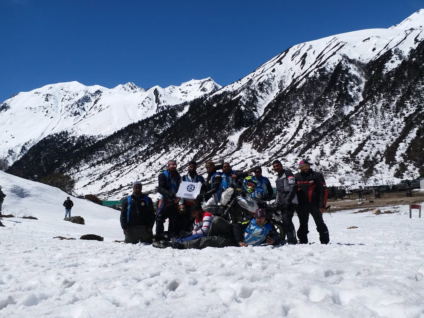 Motology Adventures riders in the snow-covered Himalayas